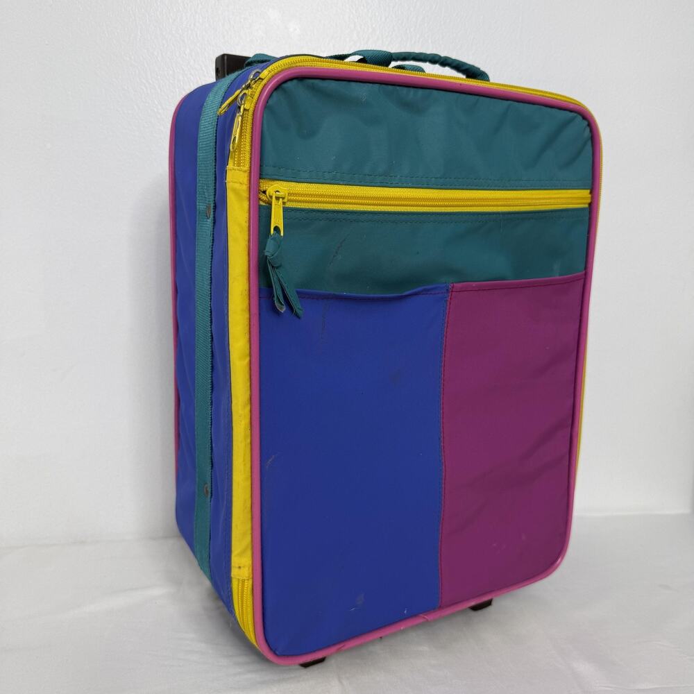 Vintage Color Block 90s Rolling Suitcase Luggage Case Upright Travel Bag Wheels
